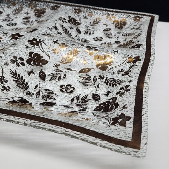 Mid-Century Gold Leaf Foliage Hostess Tray Glass Large 4 Sections 16" x 16" - Picture 4 of 11